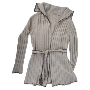 Halogen Ribbed Knit‎ Open Front Belted Cardigan Sweater Womens L Beige Hooded